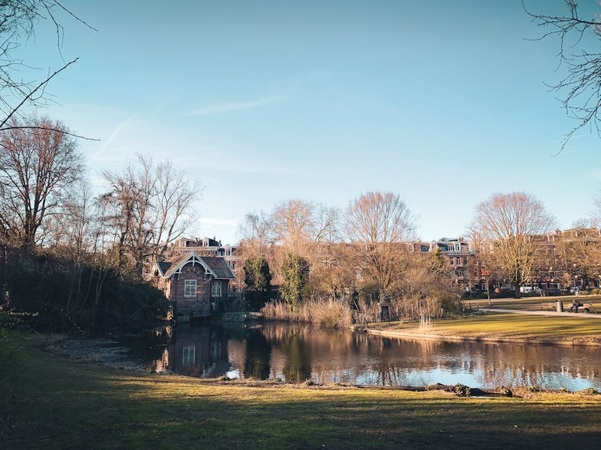A peaceful residential area during daytime with a small lake reflecting the trees and houses along its edge, which are brick-built with pitched roofs. Bare branches of deciduous trees suggest it may b